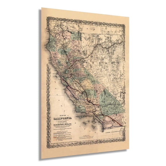HISTORIX Vintage 1876 Map of California - 24x36 Inch Vintage Map Wall Art - Map of California Poster - Southern Pacific Railroad Railway - Old Map of California - California Wall Map