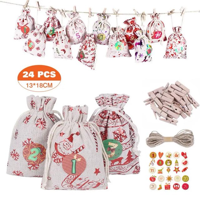 Bolsas de calendario de adviento de Navidad, bolsas de lino duraderas y reutilizables, cuenta atrás, calendario de Adviento, bolsas de regalo con Clips y cuerda, 24 piezas, 2021
