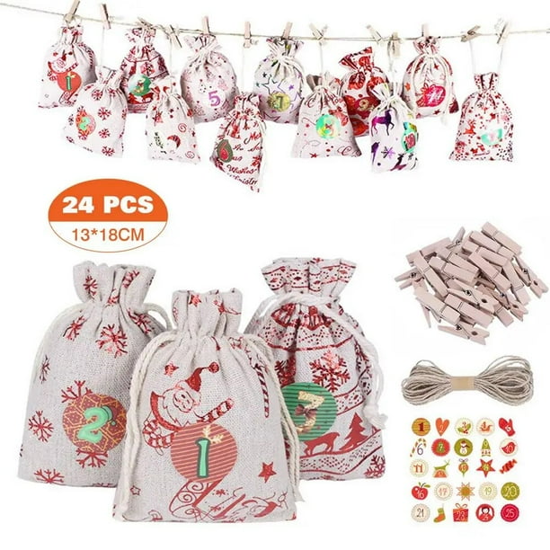 Bolsas de calendario de adviento de Navidad, bolsas de lino duraderas y reutilizables, cuenta atrás, calendario de Adviento, bolsas de regalo con Clips y cuerda, 24 piezas, 2021