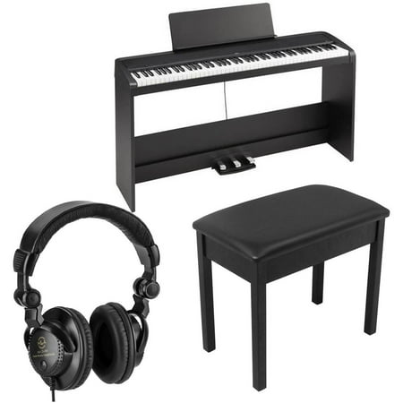 Korg B2SP 88-Key Digital Home Piano with Stand and Three-Pedal System, Black Bundle with H&A Studio Monitor Headphones, Cushioned Bench