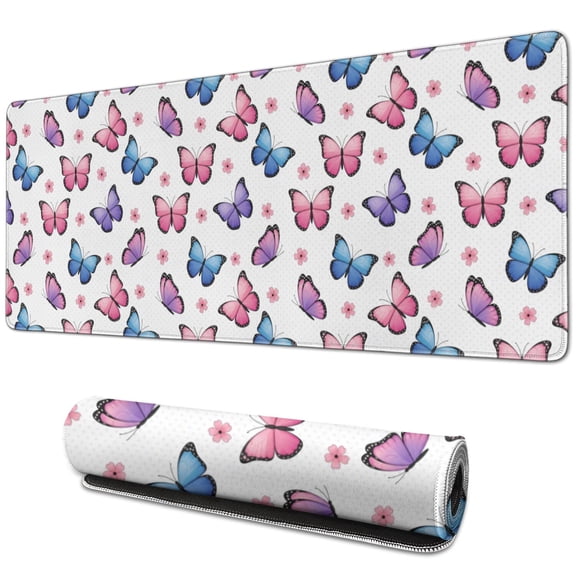 31.5x11.8 Inch Gaming Mouse Pad, Non-Slip Stitched Rubber Desk Mat for Desktop & Laptop,Butterfly Floral Dot White Pattern