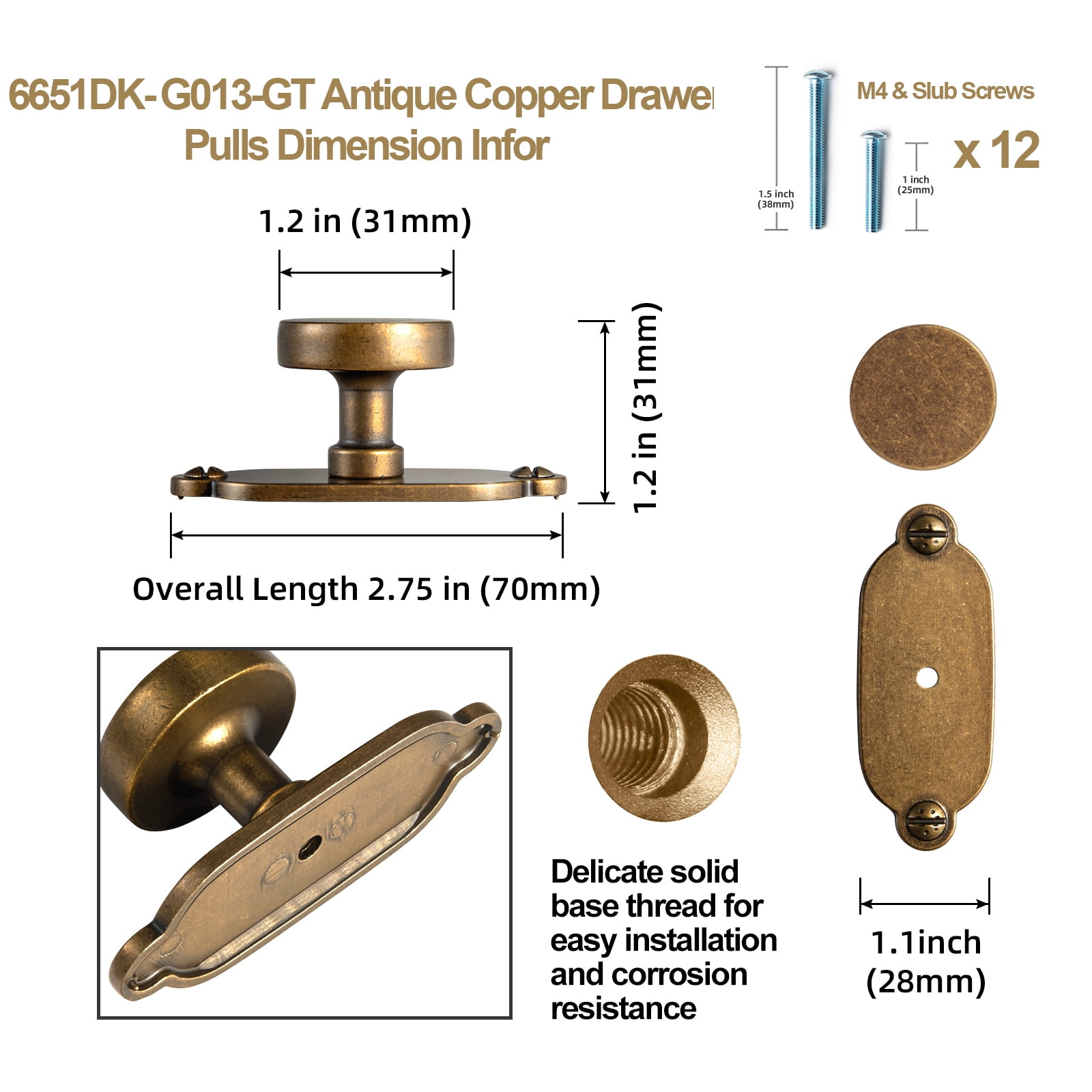 Goo-Ki Antique Brass Cabinet Drawer Knobs with Backplate, Vintage Retro Brass Knobs, Single Hole Zinc Alloy Pull Kitchen Hardware for,Dresser,Cupboard,Wardrobe, 6 Pack