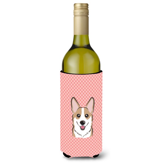 Carolines Treasures Checkerboard Pink Corgi Wine Bottle Beverage Insulator Hugger Wine Bottle multicolor