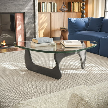 Triangle Glass Coffee Table with 19mm Thick Tempered Glass, Solid Wood Base Table