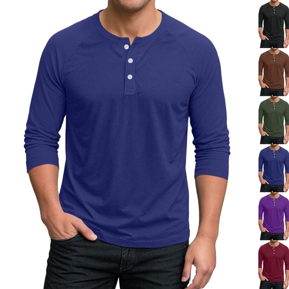 3/4 Sleeve Shirt for Men Regular Fit Henley T-Shirt Pullover Lightweight Gym Workout Baseball Tops Button Up Shirts Dark Blue S