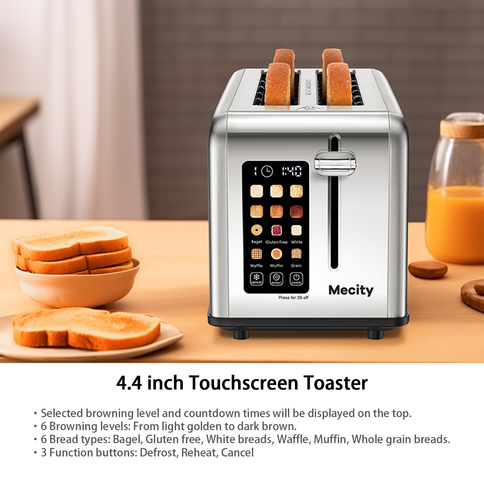 Mecity 4-Slice Toaster with Touchscreen, Stainless Steel, Long Slots, Crumb Tray, Timer, Defrost, Reheat, 120V 1400W, Silver