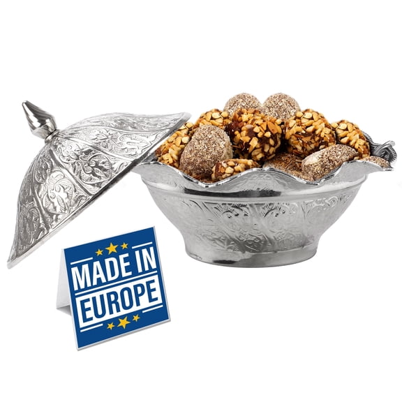 CRYSTALIA Antique Candy Bowl, Decorative Ellipse Turkish Delight Container with Cute Lid, Ottoman Design Serving Dish, Food Grade Metallic Mini Sugar Holder for Lovely Gift, Home and Kitchen (Silver)