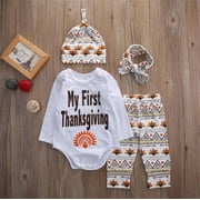 Baby Boys Girls My First Thanksgiving Romper Bodysuit and Turkeys Pants Outfit with Hat and Headband (70(3-6M), White)
