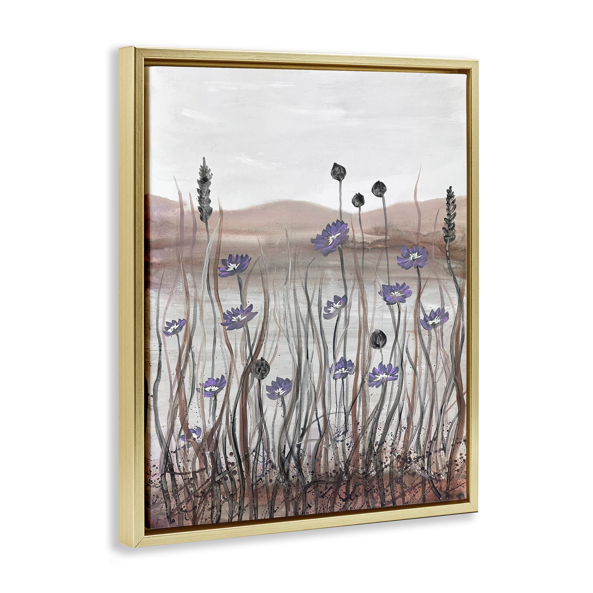 Stupell Industries Soft Lakeside Blooms Landscape Painting Gold Floater Framed Art Print Wall Art, 17 x 21