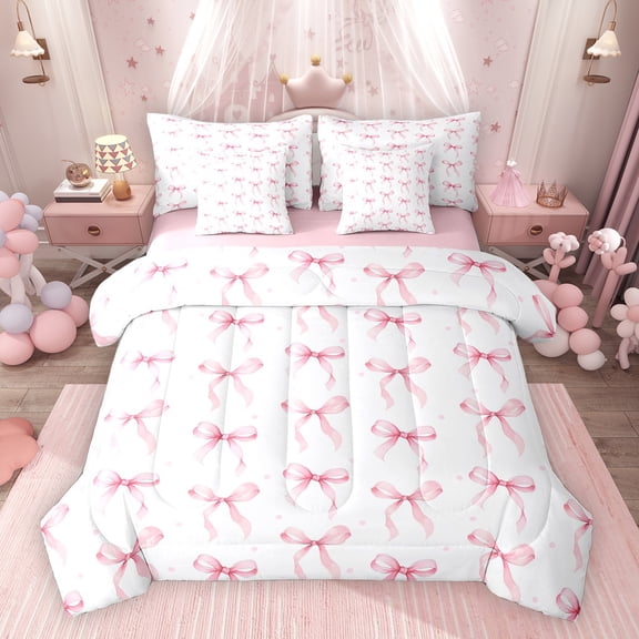 Erosebridal Girls Bowknot Twin Bedding Sets, Pink Polka Dots Bow Bedding Comforter Set, Pink Reversible, 7 Pieces