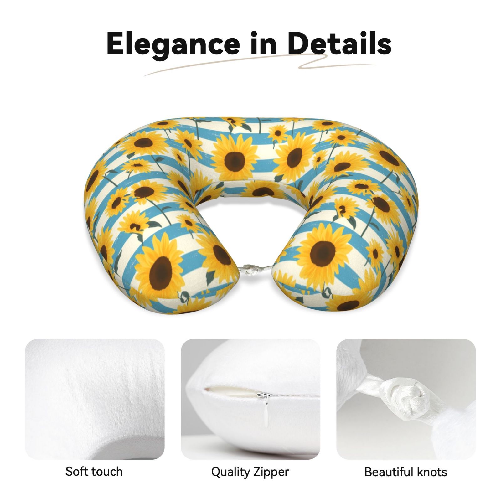 Xecao White Blue Striped Sunflower Print Memory Foam Cervical Neck Pillow Versatile U-Shaped Pillows for Home,Office,Camping,Travelling,Soft Washable Cover