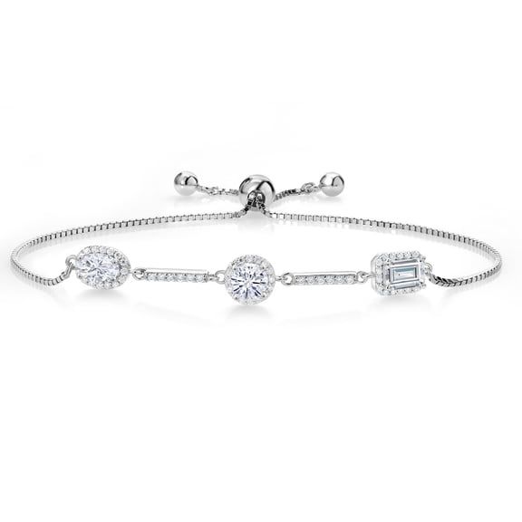 Gem Stone King 1.57 Cttw Oval Round and Emerald Cut White Moissanite Tennis Bracelet for Women By Keren Hanan | 925 Sterling Silver | Adjustable Bolo Bracelet for Women | Easy-On Easy-Off
