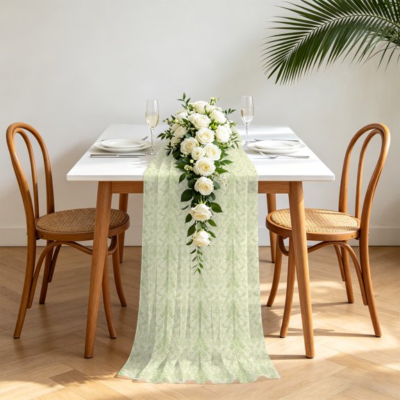 Yellow Baroque Chiffon Wedding Table Runner 55 Inches Long, Rustic Luxury Damask Scroll Floral Voile Sheer Tulle Runner for Rustic Reception Bridal Shower Decorations Birthday Party