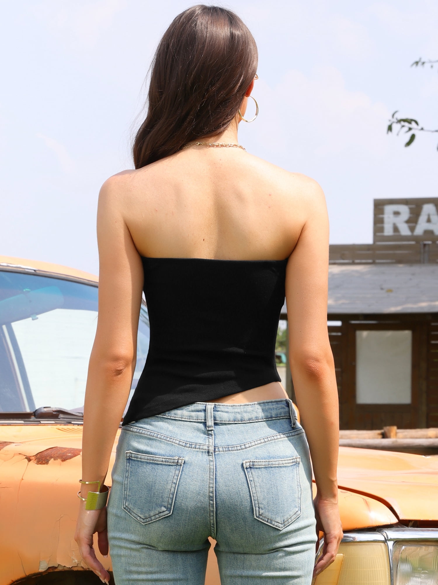 DARING DIVA Women's Strapless Backless Asymmetrical Casual Bandeau Shirt XS Black