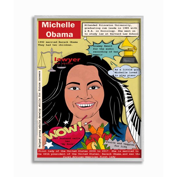 Stupell Industries Female Leaders Facts Michelle Obama Feminist Icon Design Framed Wall Art Design by Sangita Bachelet, 16" x 20", Gray Framed