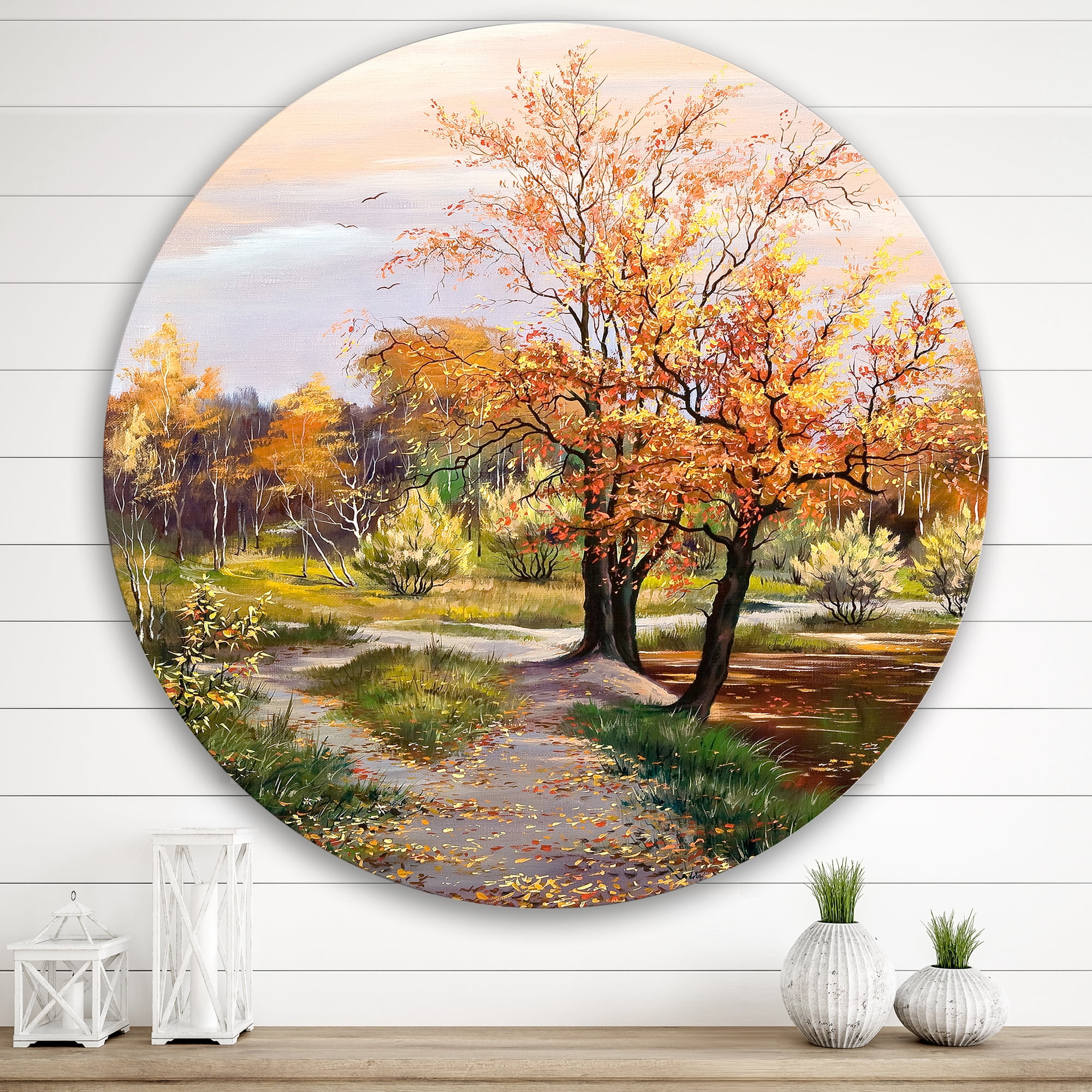 Designart 'The Orange Woods Along River' Country Circle Metal Wall Art 36x36 - Disc of 36