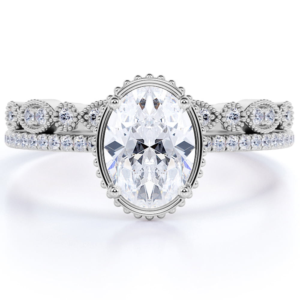JeenMata Artdeco 1.75 Carat Oval cut Moissanite Wedding Bridal Ring Set in 18k White Gold Over Silver