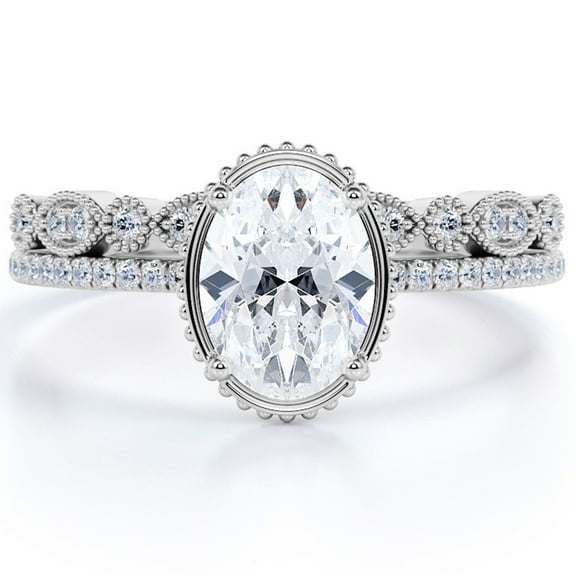 JeenMata Artdeco 1.75 Carat Oval cut Moissanite Wedding Bridal Ring Set in 18k White Gold Over Silver