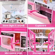 Play Kitchen Set - 5 in 1 Kids Kitchen Play Set with Cooking Toys & Play Food, Mini Pink Kitchen for Girls 3-8