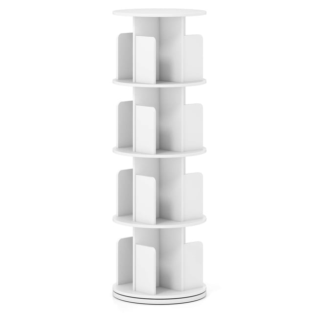 Costway 1 PCS 4-Tier Rotating Bookshelf 360° Display Rack with Dividers & Anti-falling Baffles White