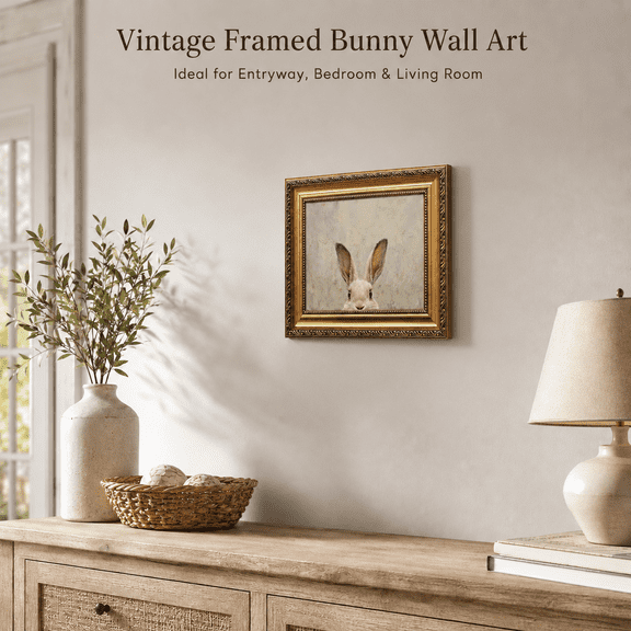 MORAVE 9x12 Inch Vintage Gold Framed Canvas Poster, Neutral Rabbit Animal Print, Rustic Artwork for Bedroom Living Room and Festive Decoration