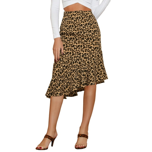 Unique Bargains Jupe Midi Trapèze à Volants à Imprimé Floral Léopard pour Femme