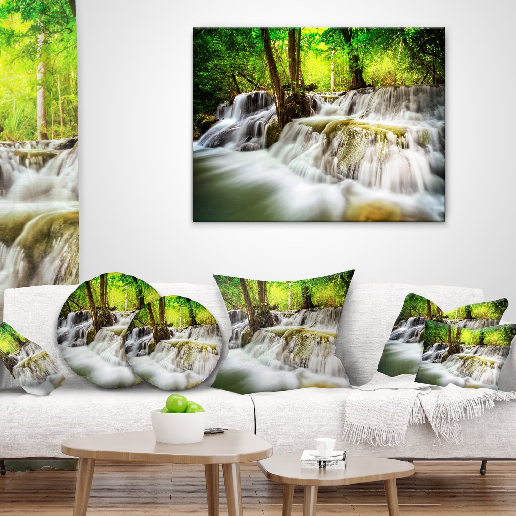 Designart Level Five of Erawan Waterfall - Landscape Printed Throw Pillow - 12x20