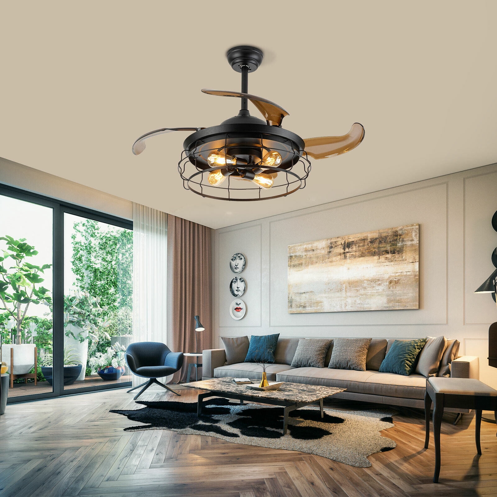 42 Inch Retro Industrial Ceiling Fan Light Retro Style Lamp with Cage