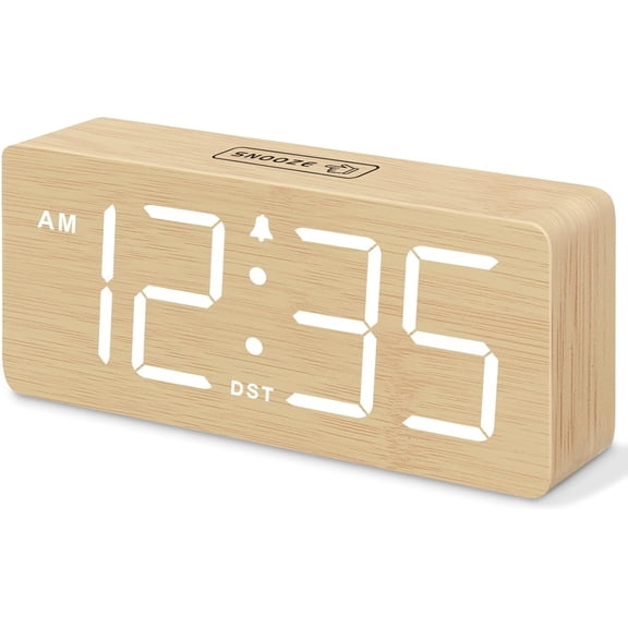 DreamSky Wooden Digital Alarm Clock for Bedroom with Large Numbers | Desk Living Room Office, Loud Heavy Sleepers Adults, Volume Control, Dimmer, DST, Wood Decor (Plug-in)