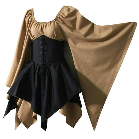 

KAWELL Women s Medieval Renaissance Costumes Pirate Corset Dress Women Flare Sleeve Traditional Irish Short Dress