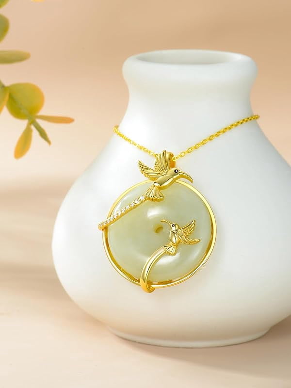 JKR Jade Necklace for Women Sterling Silver Round Cat/Hummingbird/Dragonfly/Butterfly/Bee Jade Jewelry Birthday Gifts Women Mom Wife Grandma