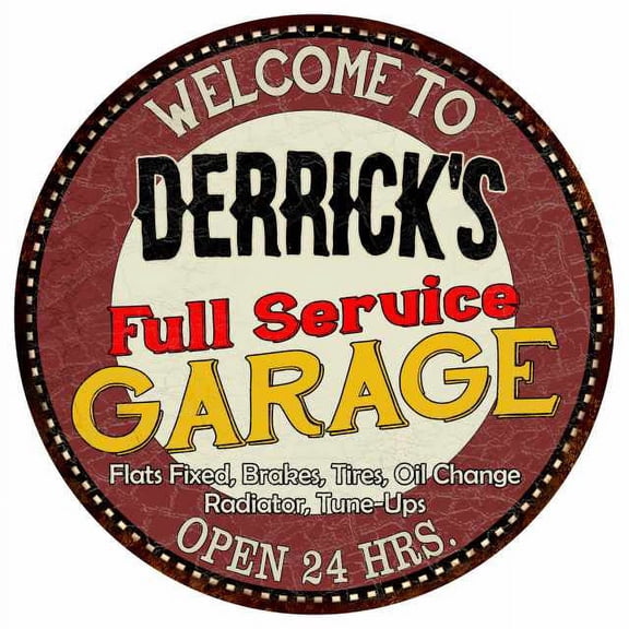 Derrick's Full Service Garage 14" Round Metal Sign Man Cave Decor 100140037390