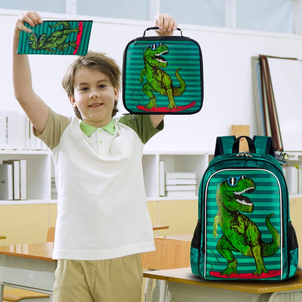 3PCS Dinosaur Backpack for Boys, 16" little Kid Dinosaur Preschool School Bookbag and Lunch Box