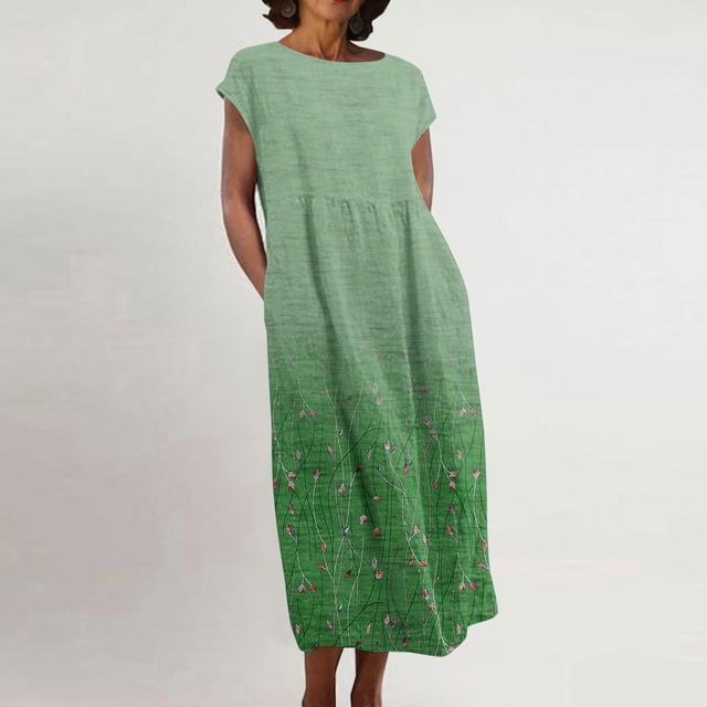 Meichang Robe d'Été en Coton et Lin à Manches Courtes pour Femme, Col Rond, Coupe Ample, Dégradé, Robe Midi Bohème Décontractée à Imprimé, Robe de Travail Rétro Légère Évasée, Vert, TG