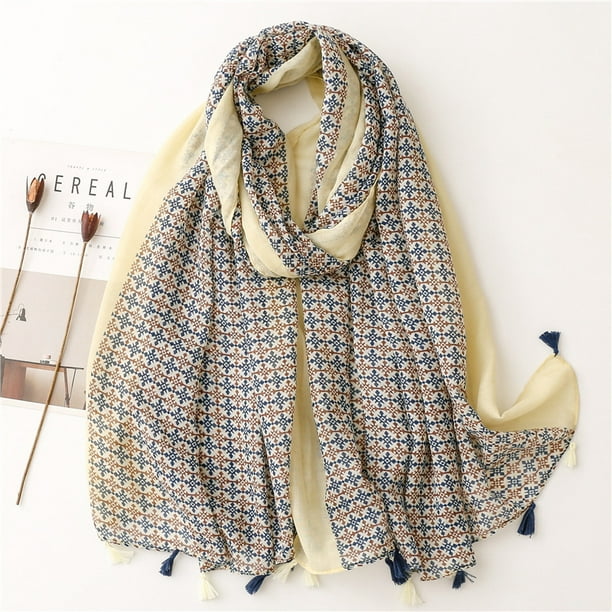 Bufanda pequeña de lino y algodón con hilo de Bali, sencilla y fresca, para mujer, con estampado de hojas de color amarillo brillante y verde fruta, con borlas
