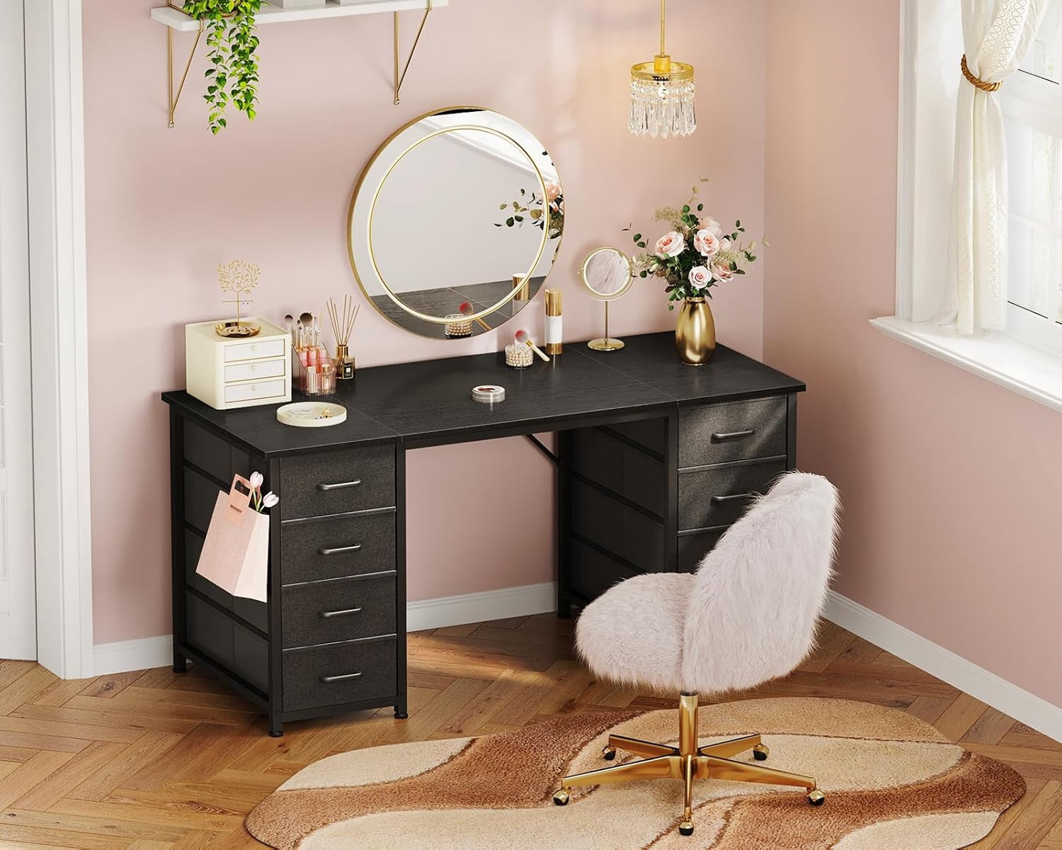 ZYPPP 48 Inch Computer Desk with 8 Fabric Drawers, Modern Office Desk with Large Storage for Home Office, Study, Gaming, Black
