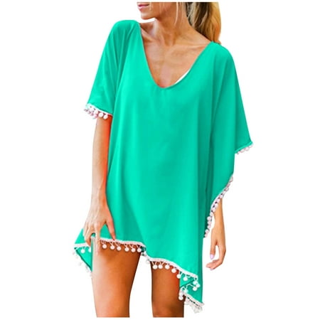 Summer Savings! Lovzfmll Swimwear Cover-ups for Women  Women Trim Kaftan Chiffon Tassels Swimwear Beach Loose Bikini Cover up Mint Green