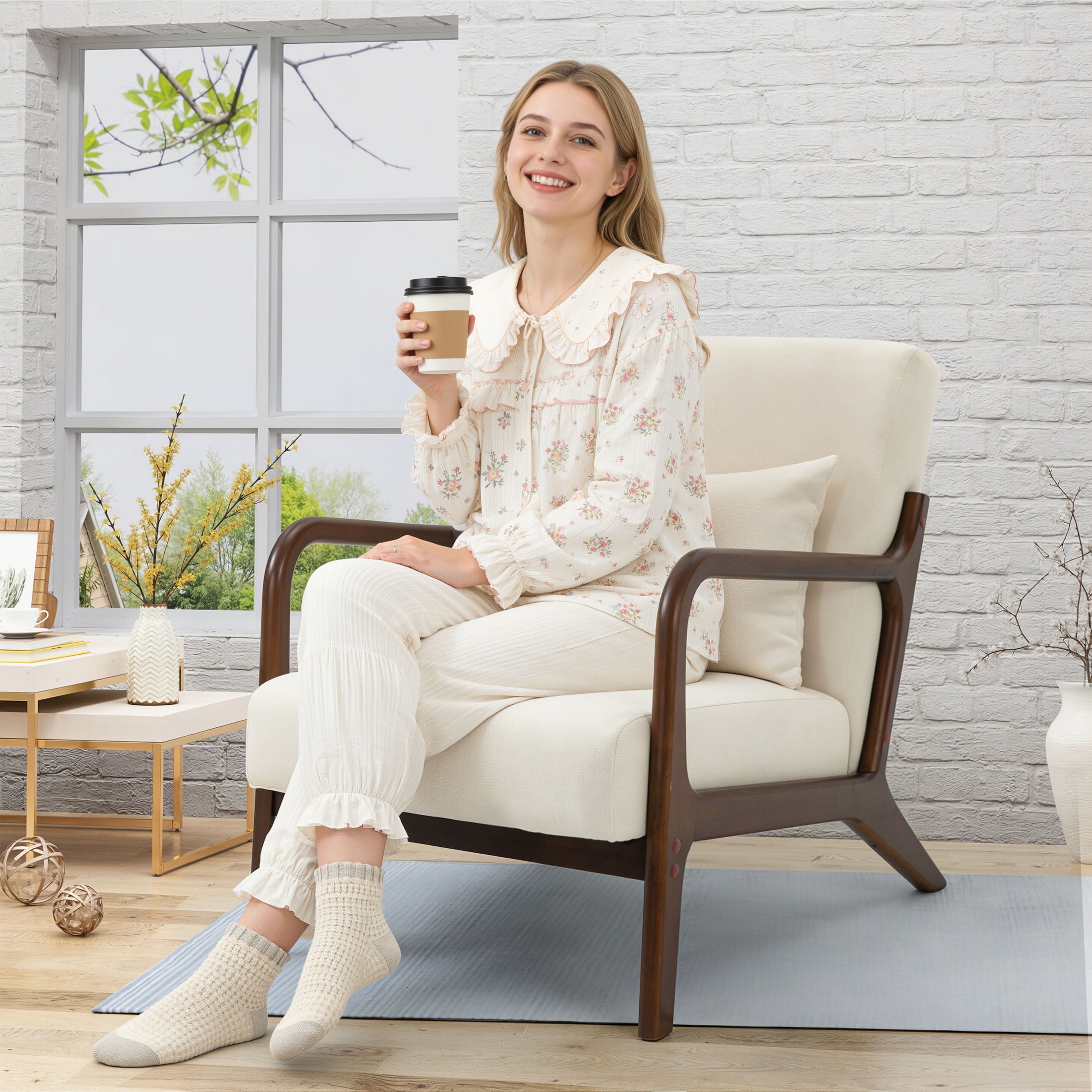 PAPROOS Mid-Century Modern Accent Chair, Velvet Fabric Arm Chair with Wood Frame and Pillow, Upholstered Armchair Comfort Reading Chair Lounge Chair for Living Room Bedroom Sunroom, Beige