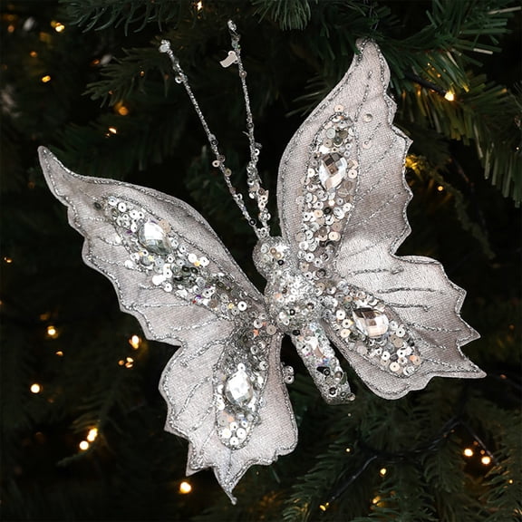 Kumdkd Christmas Butterfly Clip-On Ornament, Sequin Decorations for Christmas Tree, Wall, Door, Festive Simulation Butterflies for Holiday Scene Layout, Green Cloth Butterfly Decoration, 6.6x5.91in