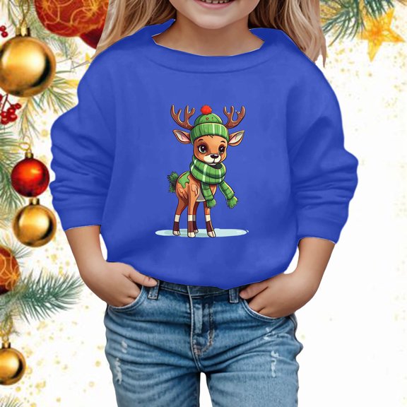 Girls Sweatshirt Childrens Reindeer Snowflake Crew Neck Long Sleeve Hoodless Top Blue 5-6 Years