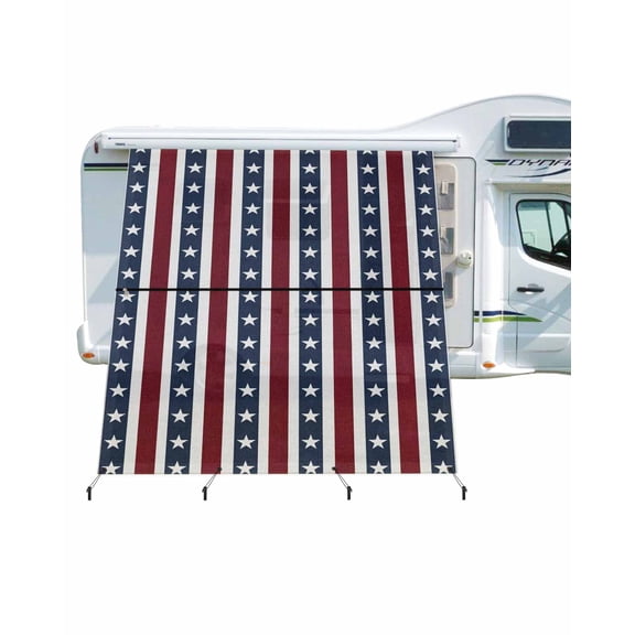 4th of July RV Awning Sun Shade Screen 9'X7' Patriotic Star Stripes Mesh Sunscreen Red White Blue Awning Shade Screen with Zipper UV Blocker Completed Kits Outdoor Canopy for RV Motorhome Camper
