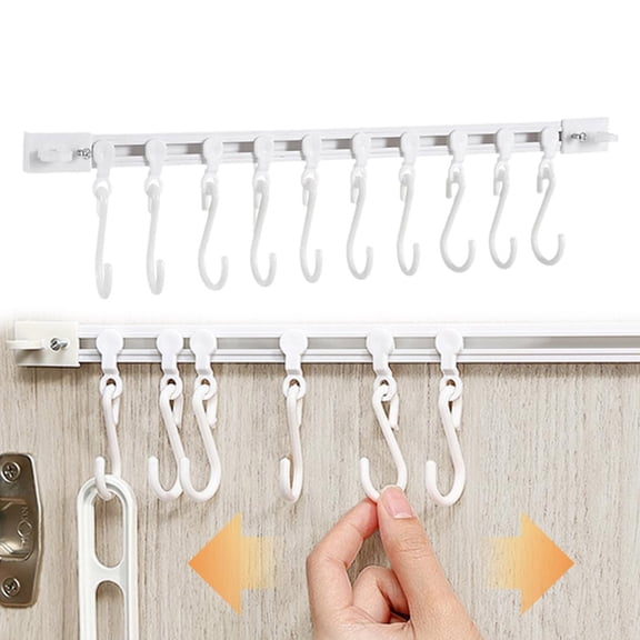Multifunctional Slide Rail Hook Kitchen Utensil Hanging Rack Wall Mounted Hanger Space Saving Organizer with 10 Hooks Sliding Track No Drilling Solution for Home and