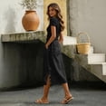 thumbnail image 5 of Women's Cotton Linen Midi Skirt Elastic Waist Side Button Split Pockets Solid Color Casual A-Line Mid-Calf Skirt 02-Black XXL, 5 of 5