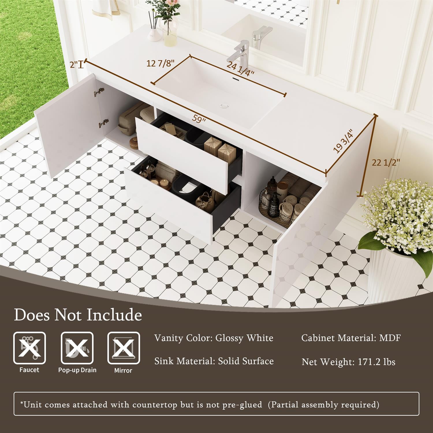 Demi Bonn 60" Floating Bathroom Vanity with Sink, Resin Top Basin and 2 Soft Close Drawers, 2 Storage Cabinet, Faucets and Drains Not Included, White