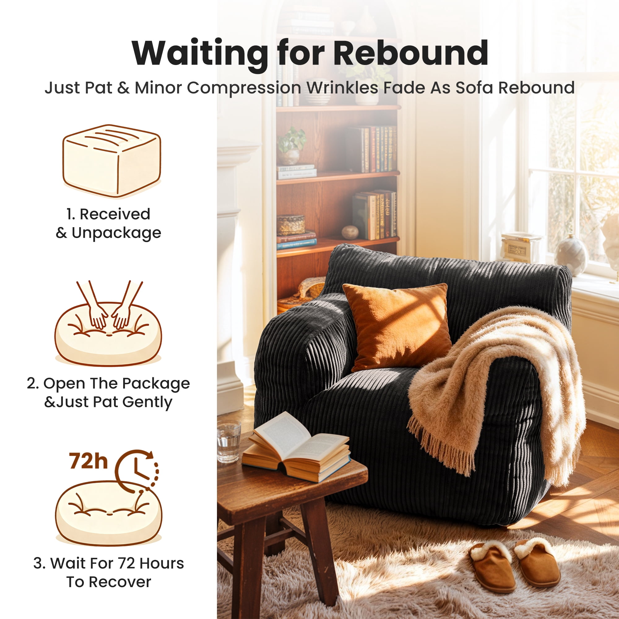 Foam Filled Bean Bag Chair, Plush Corduroy Lazy Sofa