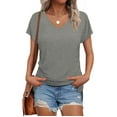 thumbnail image 5 of Fesfesfes Women's Fashion T-shirt Solid Color Slit Raglan Sleeve V-Neck Blouses Summmer Pullover Breathable Daily Wearing Tops(Gray,S), 5 of 6