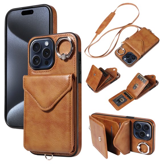 for iPhone 11 Pro Max PU Leather Back TPU Frame Rugged Case, Classic 360 Rotating Ring Kickstand Card Slots Shoulder Strap Drop Protective Slim Fit Shockproof Phone Case Cover, Brown