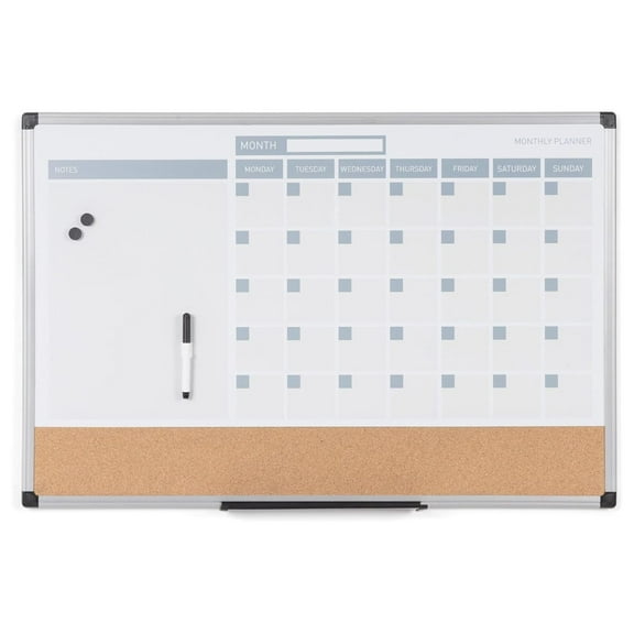 Magnetic Dry Erase Monthly Calendar Planner Push Pin Corkboard Combo with Marker Tray, 18" x 24", Gray Plastic Frame