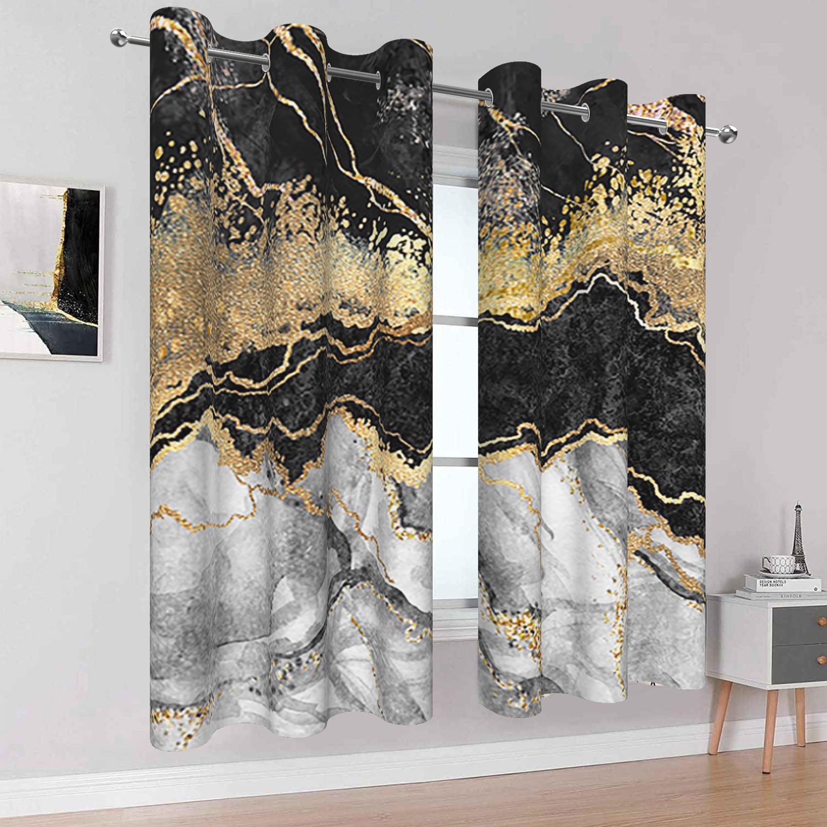 Dashan Black Gold Gray Marble Blackout Curtains for Bedroom Living Room Decor Grommet Window Drapes 42x63 Inch,2 Panels
