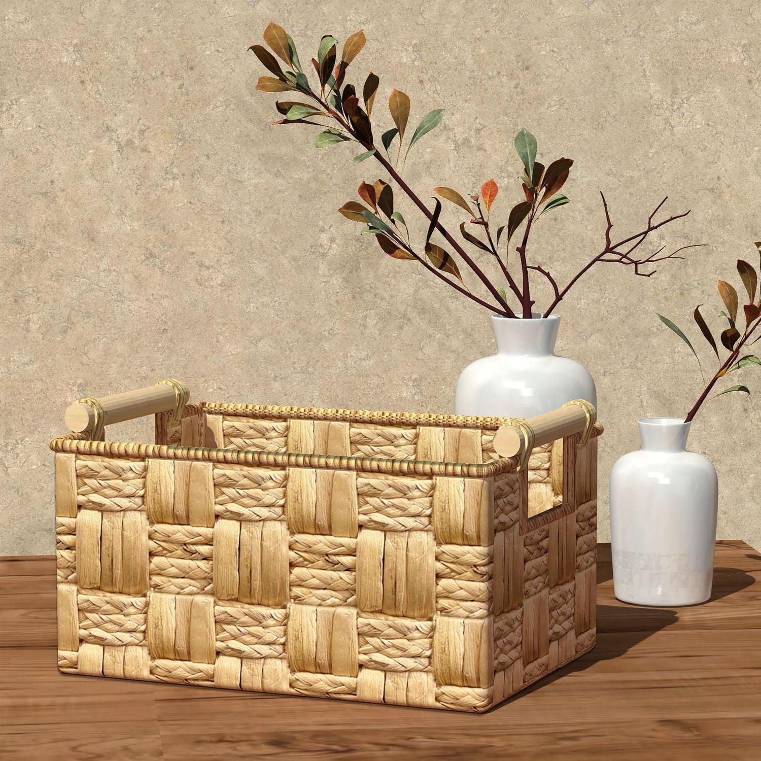 Zenna Home Water Hyacinth and Natural Leaf Woven Storage Basket, Natural Finish